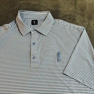 U Suck at Golf performance golf polo blue striped large logo front and back XXL